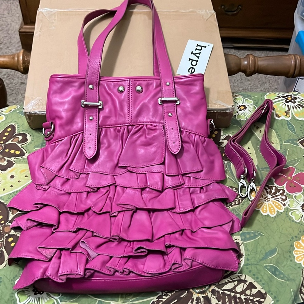 Hype Alexis Orchid Ruffled Leather Cross Body Bag purse Pink Fuchsia $325